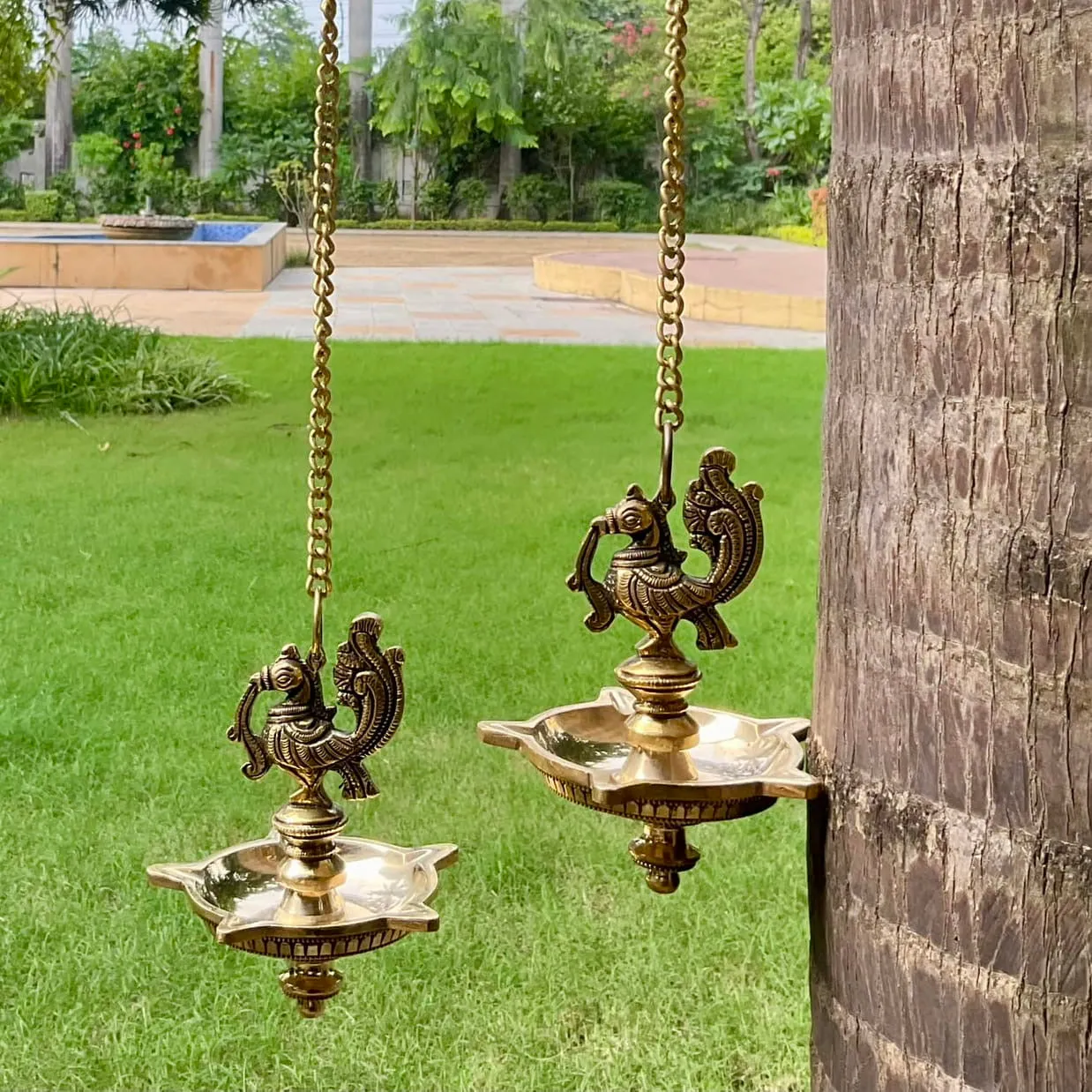 Annapakshi Hanging Diya (Set of 2) - Brass Hanging Lamps for Pooja Room