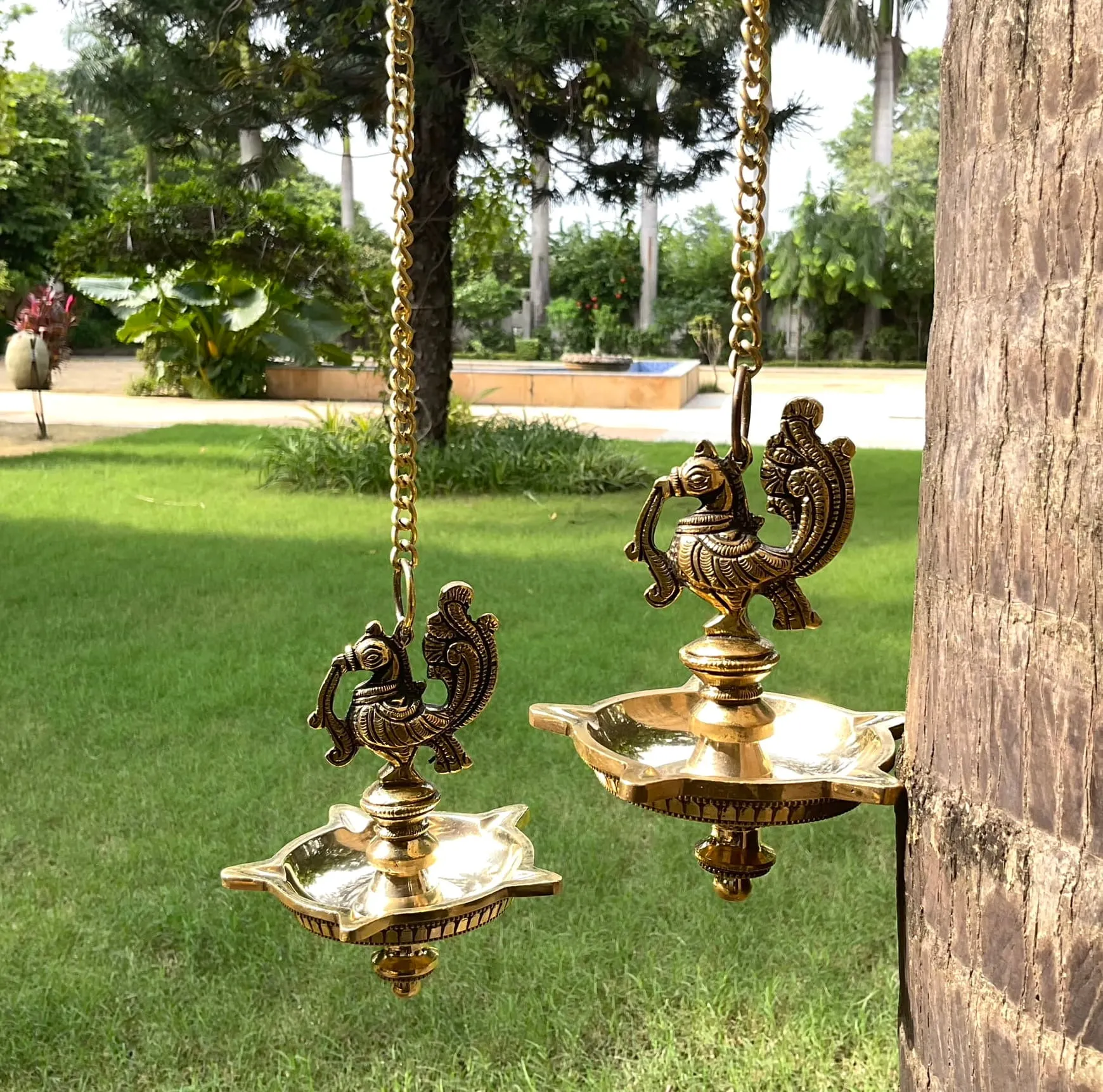 Annapakshi Hanging Diya (Set of 2) - Brass Hanging Lamps for Pooja Room