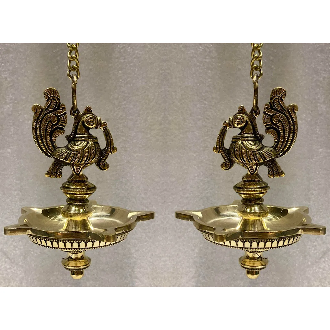 Annapakshi Hanging Diya (Set of 2) - Brass Hanging Lamps for Pooja Room