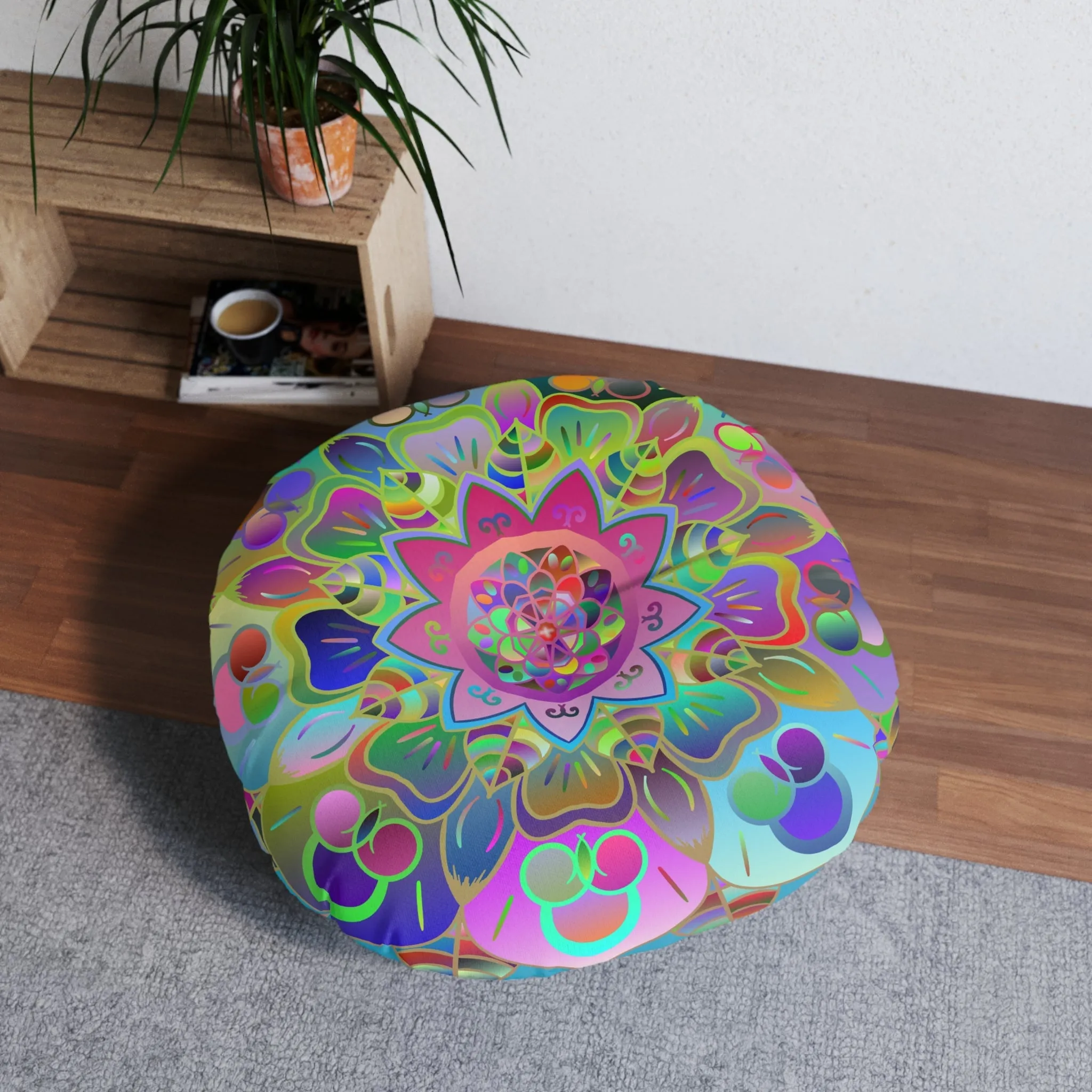 Hand Drawn Mandala Floor Cushion - Colorful Turquoise Mandala