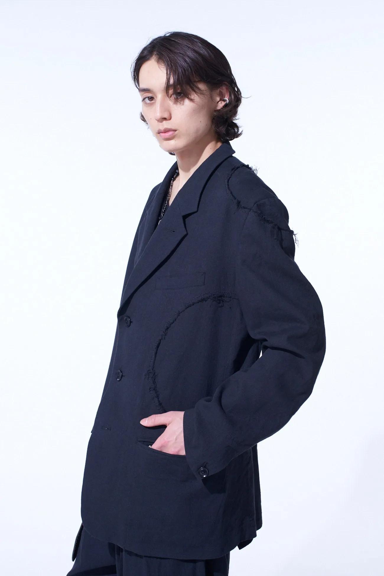 LINEN/COTTON HERRINGBONE ZIGZAG CUT-OUT JACKET