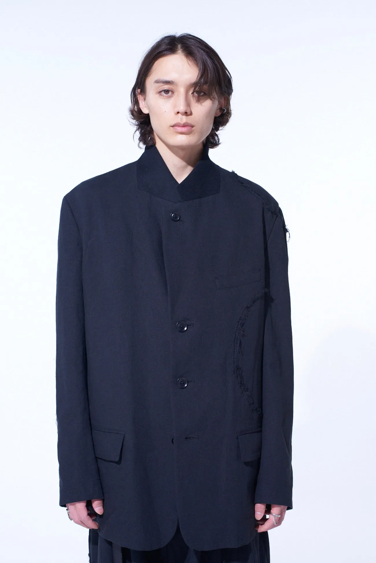 LINEN/COTTON HERRINGBONE ZIGZAG CUT-OUT JACKET