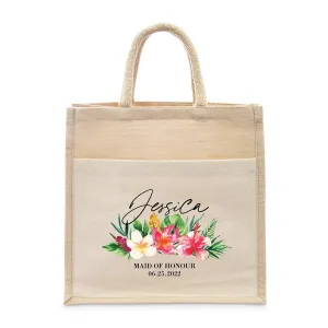 PERSONALIZED WOVEN JUTE MEDIUM TOTE BAG WITH POCKET -  TROPICAL FLORAL