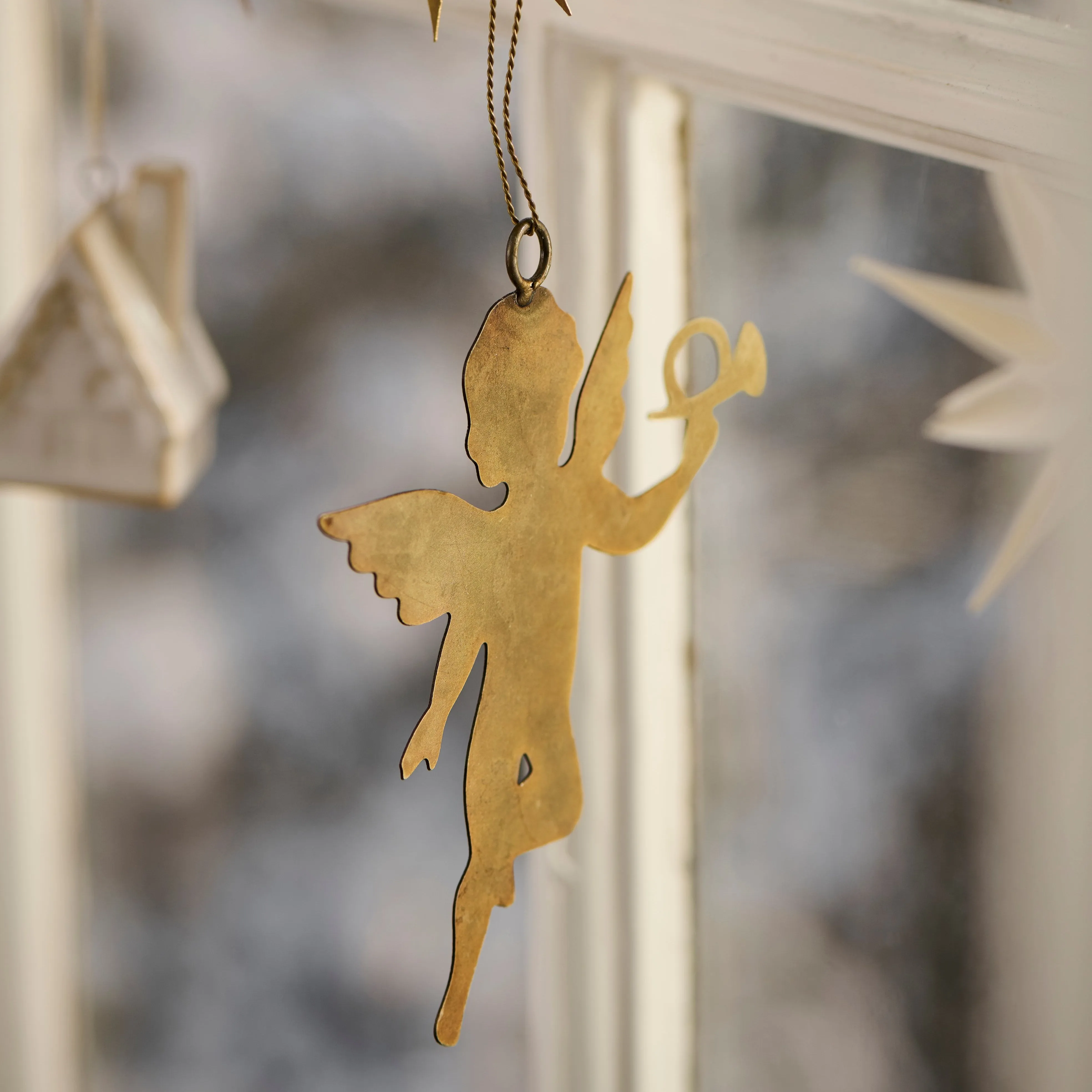 Six Assorted Hanging Brass Angel Decorations